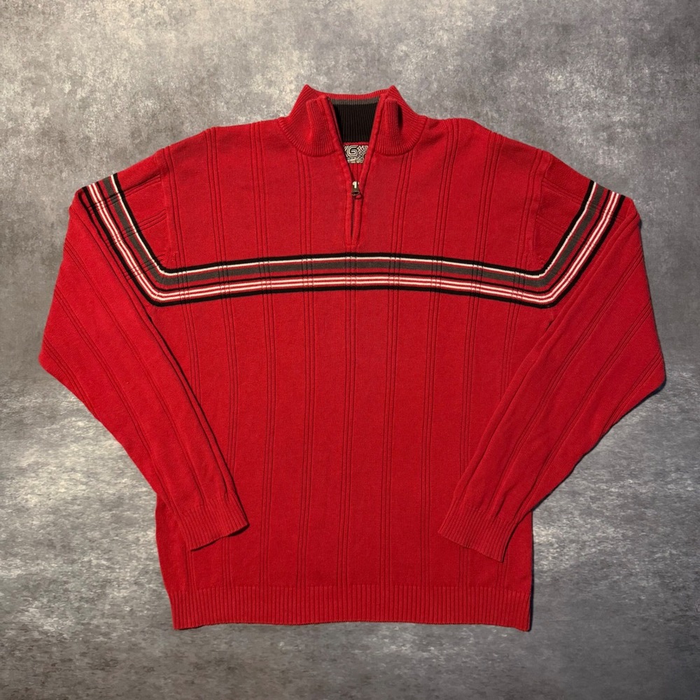 VTG Y2K XG Knit Sweater Men Large Red Striped Quarter Zip Ribbed Pullover Skater